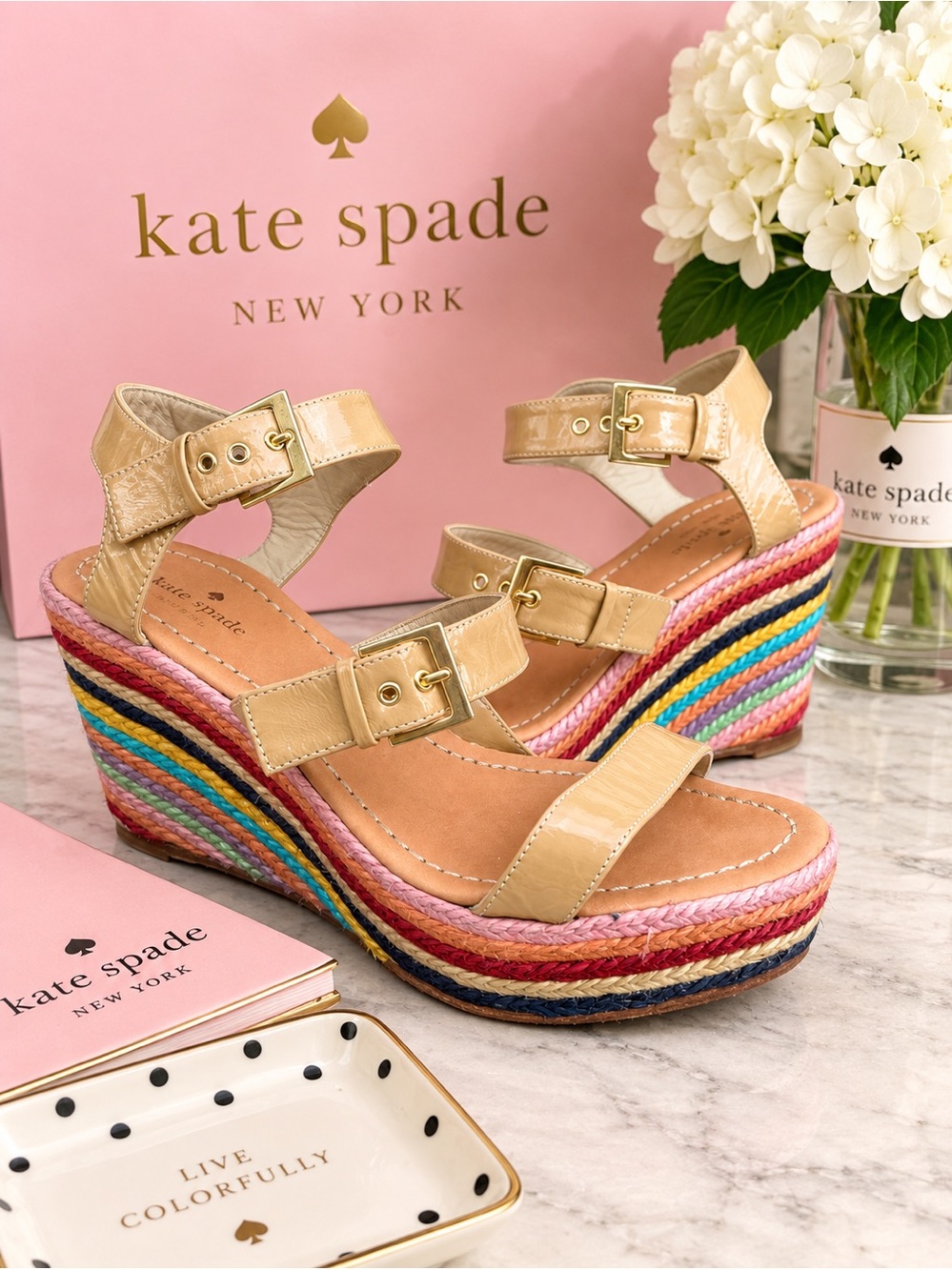 Kate spade Patent Leather Wedge Sandals with Rainbow Espadrille wedge Platform